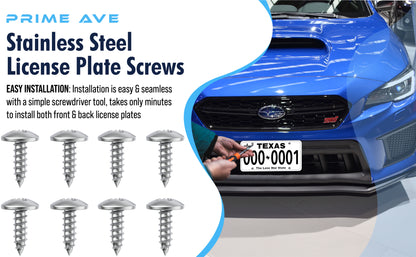Prime Ave Stainless Steel License Plate Fastener Screws Compatible with Subaru WRX BRZ Impreza Outback Forester Crosstrek Legacy Ascent (Pack of 8)